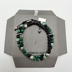 NEW Malachite Green and Black Beaded Wrap Beaded Bracelet Stainless Steel Unisex
